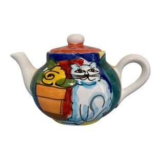 The Cellar Hand Painted Italy Ceramic Teapot Cat with Flowers